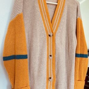 Beige and Mustard Colorblock V-Neck Button Cardigan